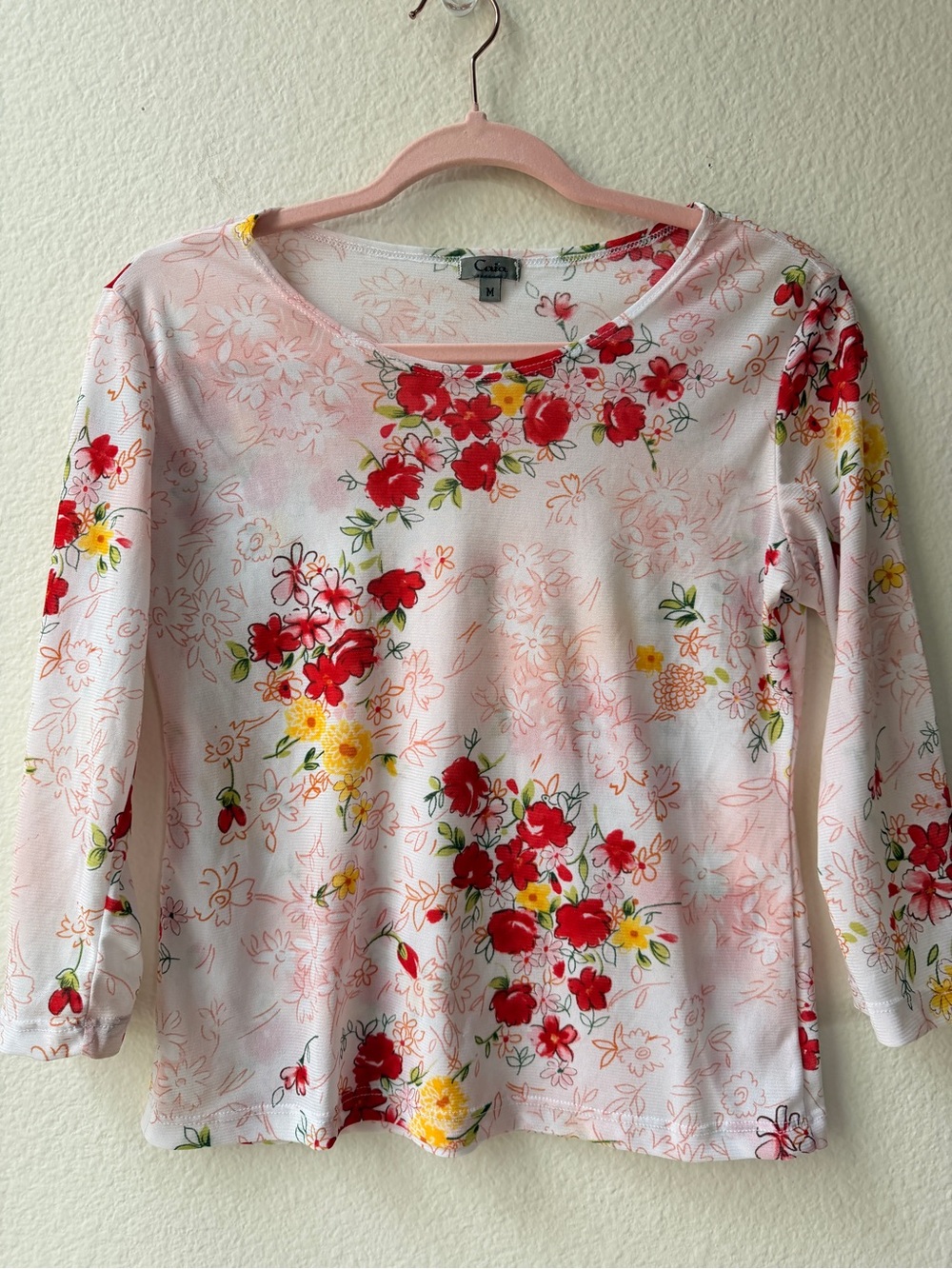 Floral Cottagecore Knit Top Medium Soft Girl Picnic Y2K Red Yellow Pink Sheer M